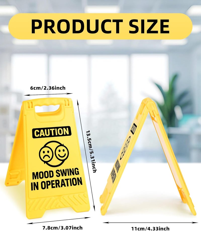 EXUBERIUM Caution Mood Swing in Operation Funny Reminder Desk Sign Yellow Warning Style Office Table Decorative Gift for Coworkers Friends Home Workspace Phone Holder Mirror Acrylic Cubicle Tabletop Sign - Image 2
